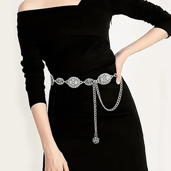 2/$30 Silver Medallion Waist Chain Belt Retro Adjustable For Dress Tunic Blouse - Picture 1 of 6